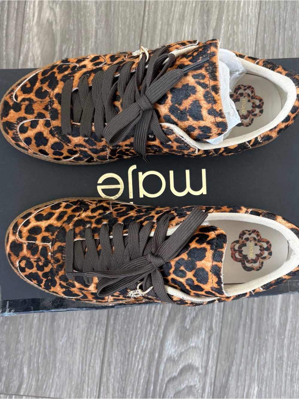 Maje Leather Leopard-Print Low-Top Sneakers in Black and Brown